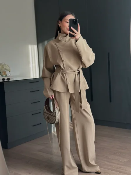 طقم كتان كاجوال مع حزام